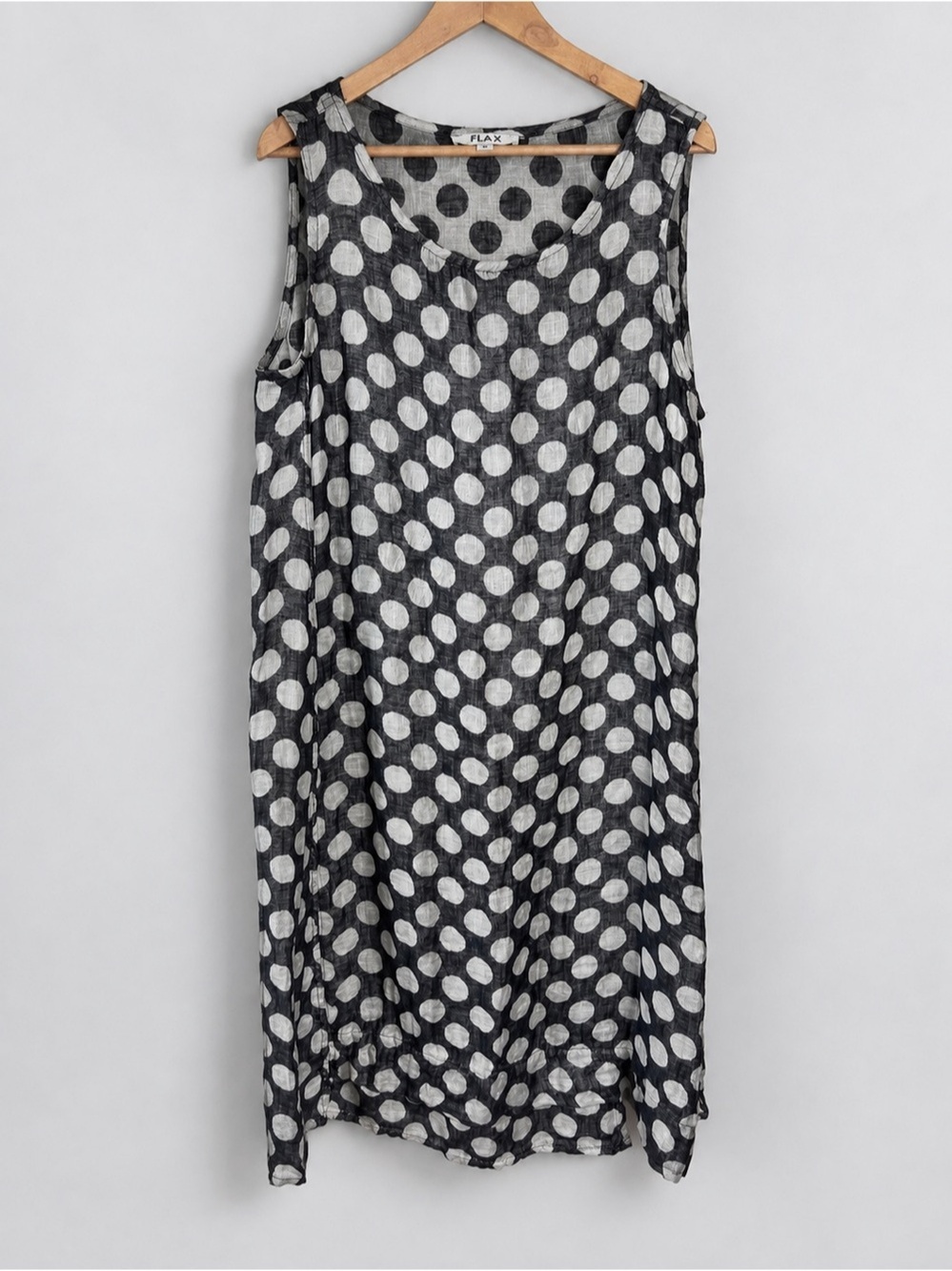 FLAX Linen Dress Women’s Medium 100% Linen Black Gray Polka Dot Sleeveless Shift